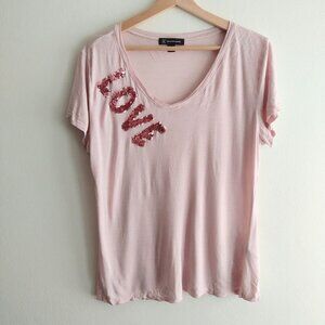 INC International Concepts Pink Love T-shirt L Sequin V-neck Top